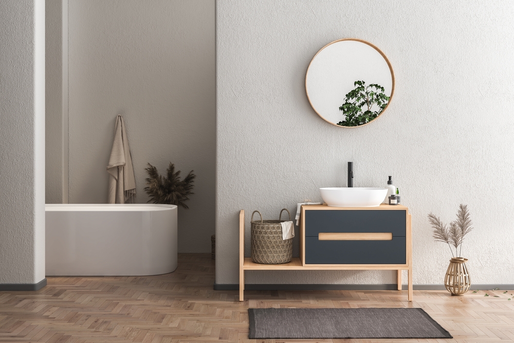 Interior,Of,Modern,Bathroom,With,White,Walls,,Wooden,Floor,,Bathtub,
