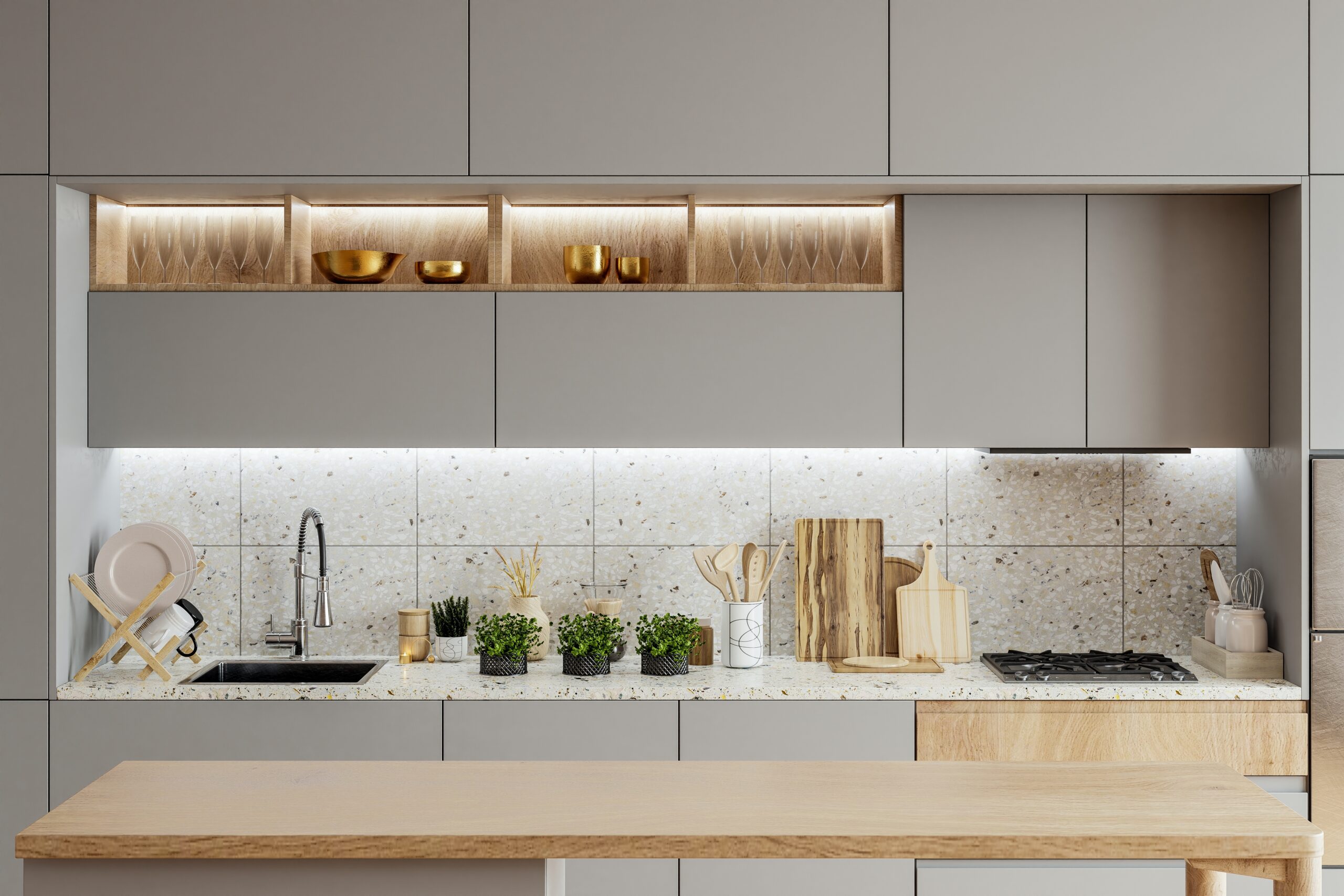 Kitchen,With,A,Counter,And,Cabinets,empty,Wooden,Table,With,The