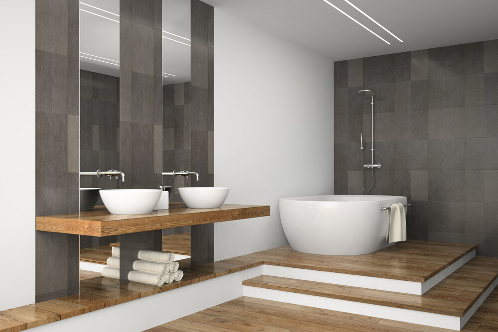 Interior,Of,Bathroom,With,Wooden,Floor,3d,Rendering