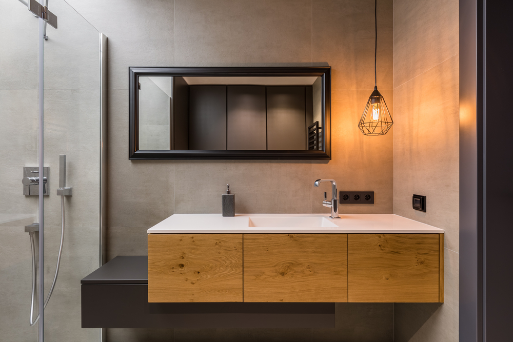 Integral,Countertop,Sink,On,Wooden,Cabinets,In,Contemporary,Bathroom